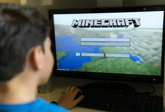 Young boy playing Minecraft on a PC