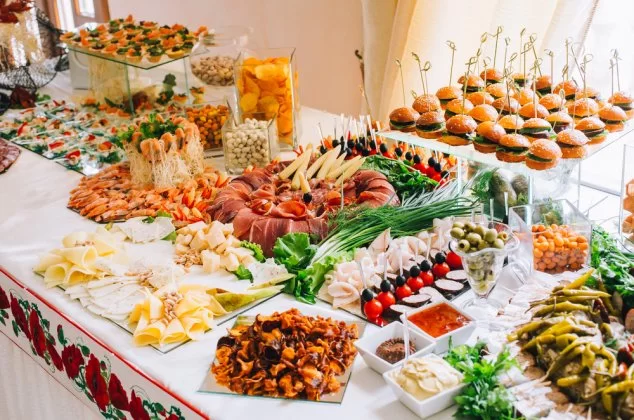 Buffet table full of party foods