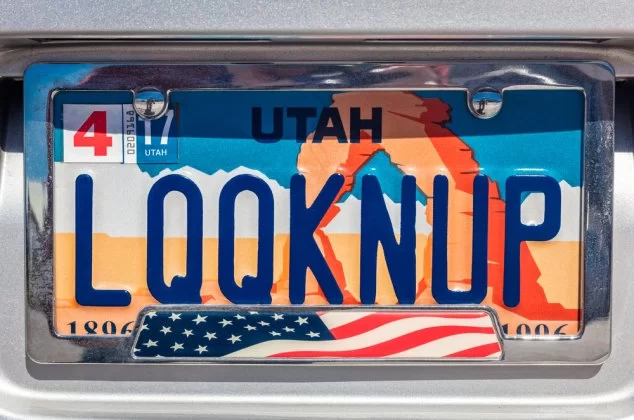 Inspirational license plate that means "looking up"