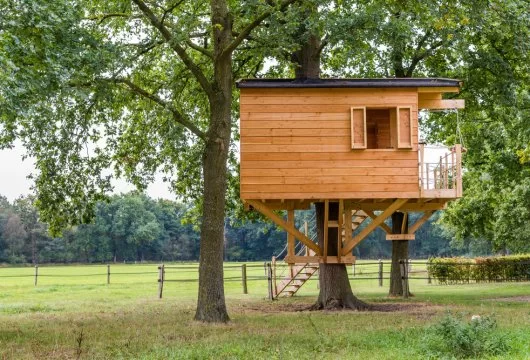 Large treehouse with stairs and a balcony