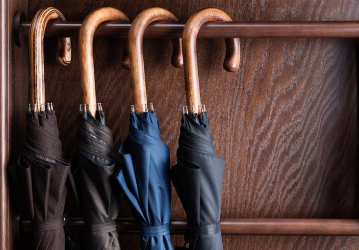 Three umbrellas, which start with "u," hanging on a wooden rack