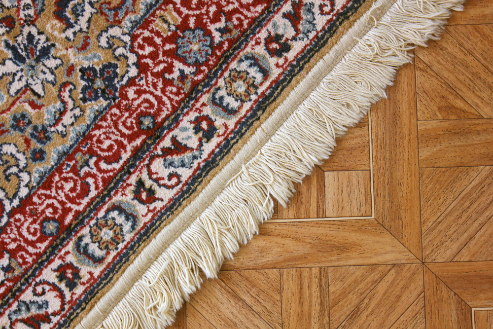 Close-up of a red patterned rug with white fringe