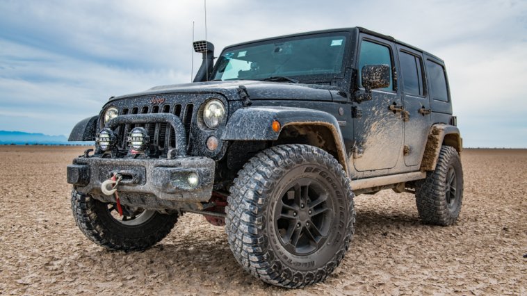 Muddy jeep pictured in the desert