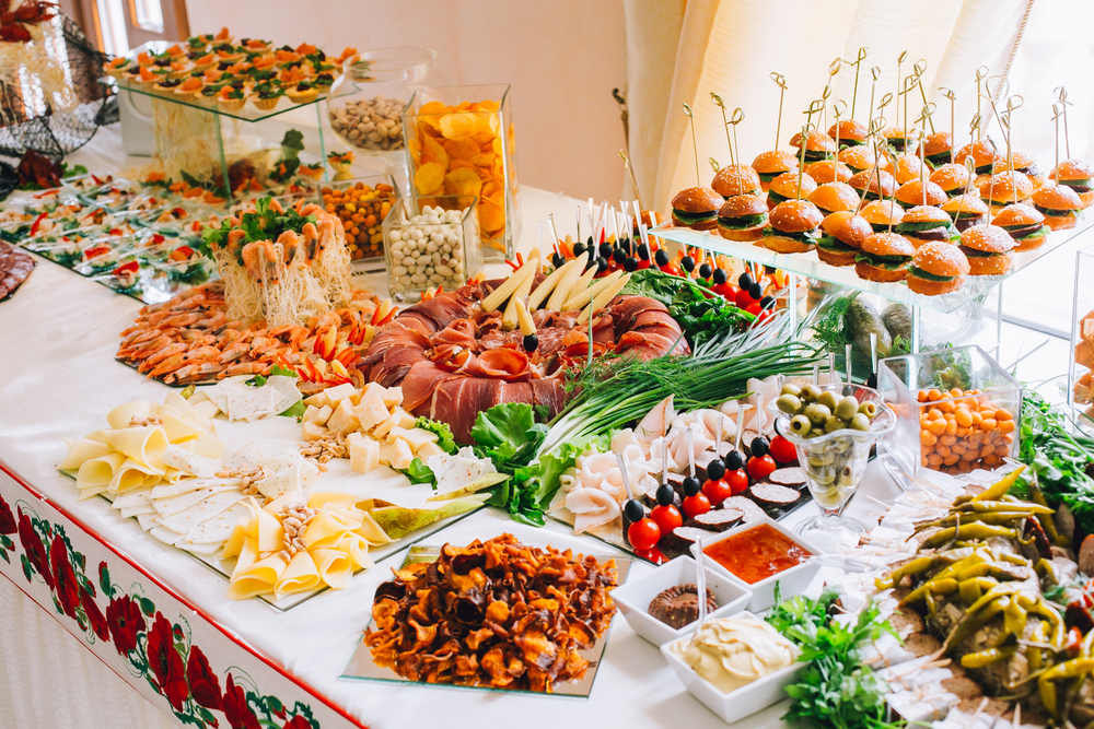 Buffet table full of party foods