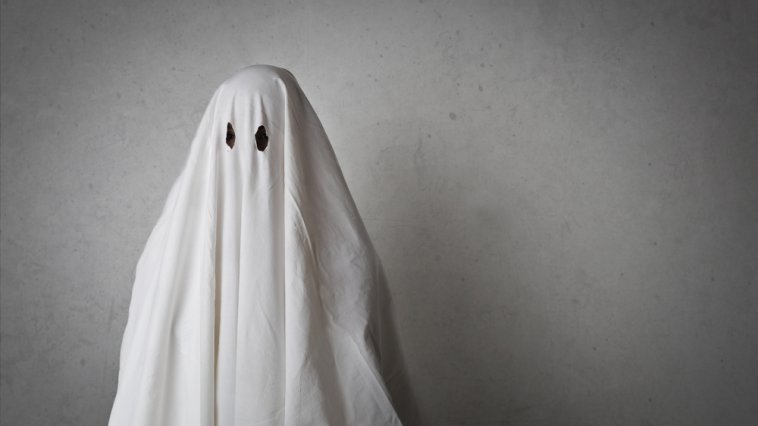 Person wearing a white sheet to look like a ghost