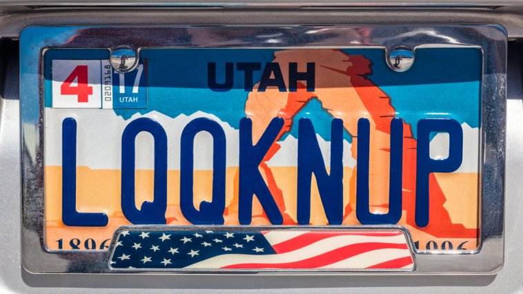 Inspirational license plate that means "looking up"