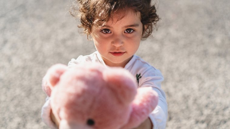 Young girl holding a pink teddy bear