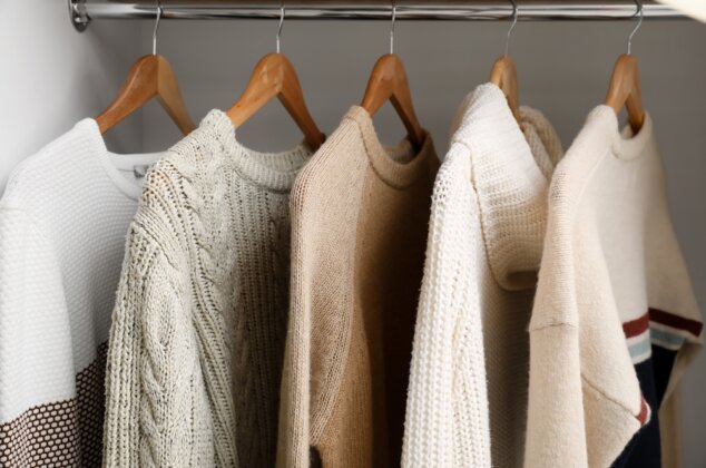 Knitwear hanging in a closet