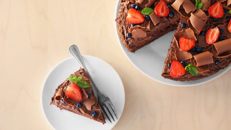 Chocolate cake topped with berries