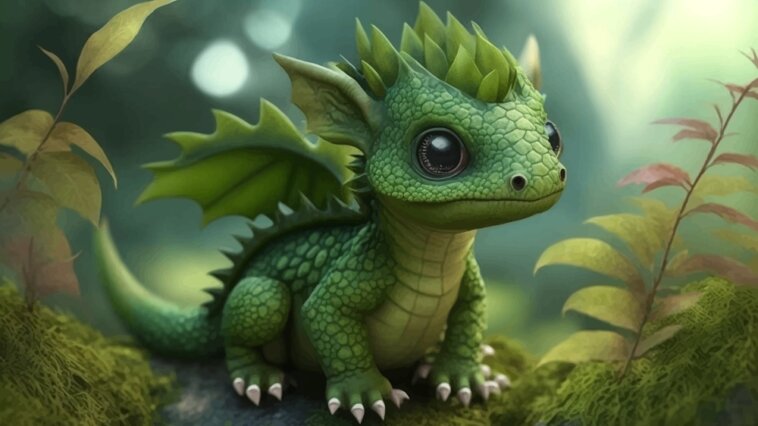 Illustration of a cute green baby dragon