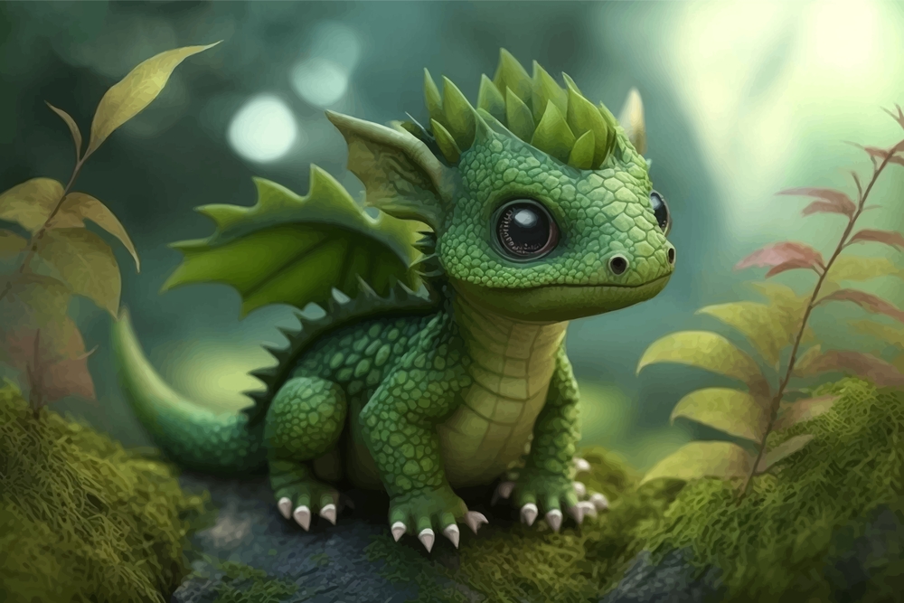 Illustration of a cute green baby dragon